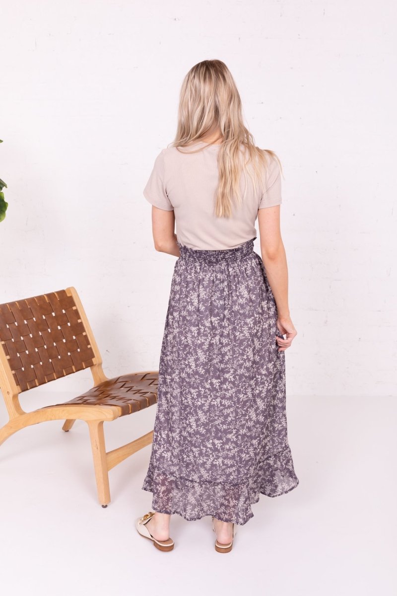 BUTTON FRONT SKIRT IN PEWTER BRANCHES - MIKAROSE WHOLESALE