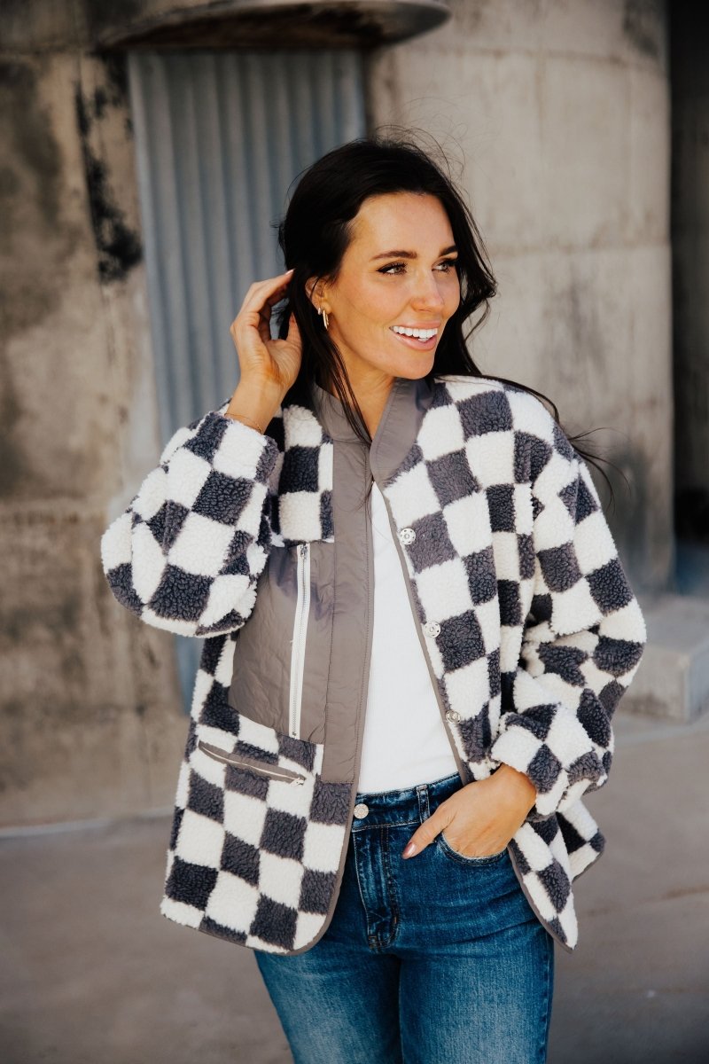 CHECKERED JACKET IN CHARCOAL - MIKAROSE WHOLESALE