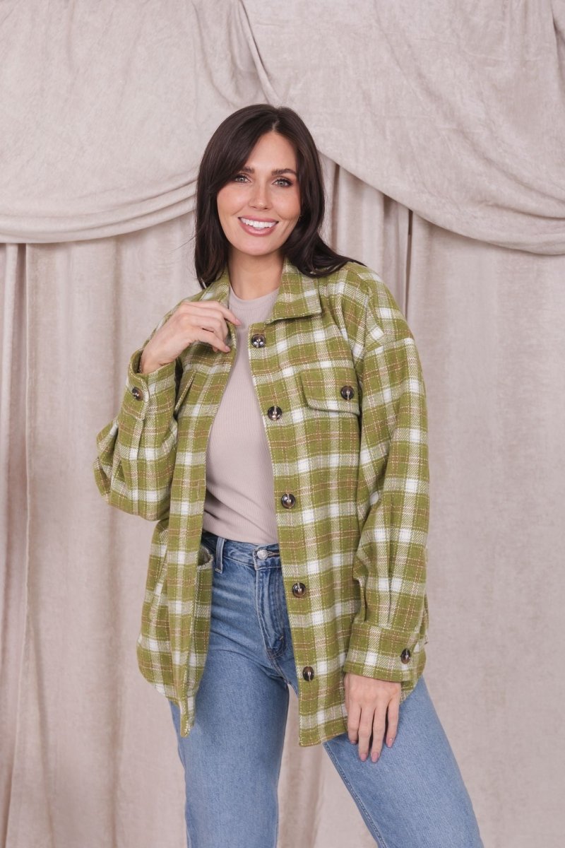FLANNEL SHIRT JACKET IN BRIGHT CHARTREUSE PLAID FINAL SALE - MIKAROSE WHOLESALE