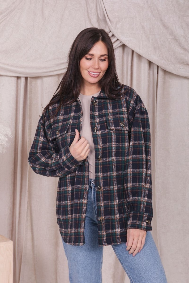 FLANNEL SHIRT JACKET IN COLONIAL BLUE PLAID - MIKAROSE WHOLESALE