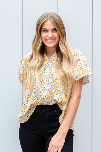 FLORAL BUTTON BLOUSE IN YELLOW DAISY - MIKAROSE WHOLESALE
