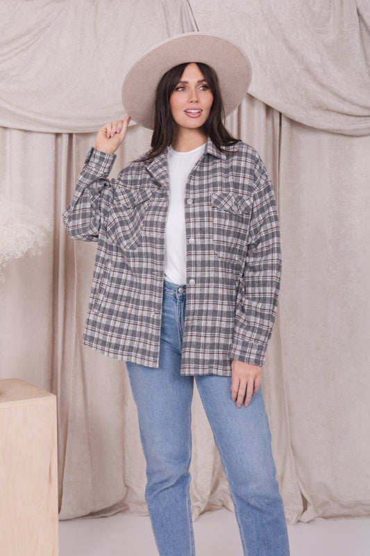 PLAID JACKET IN FADED GRAY FLANNEL - MIKAROSE WHOLESALE