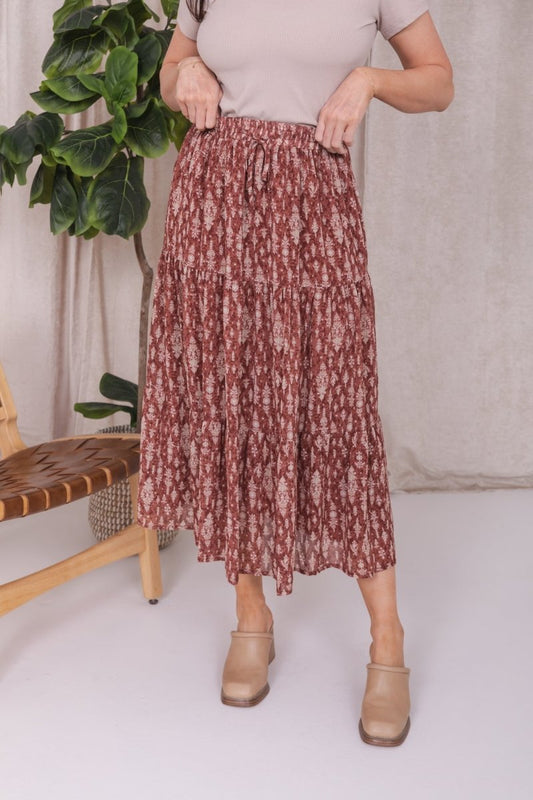 TIERED MAXI SKIRT IN FLORAL DAMASK - MIKAROSE WHOLESALE